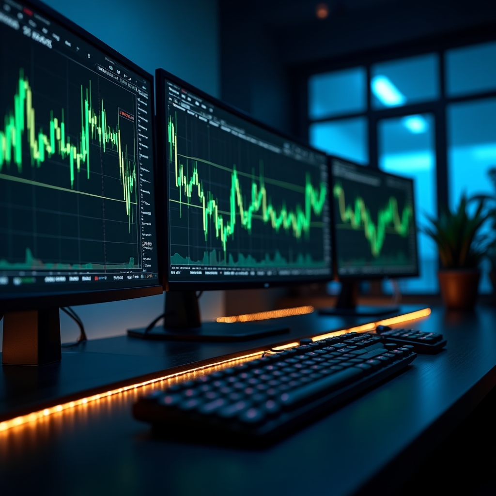 Professional cryptocurrency trading environment with multiple monitors showing real-time market data