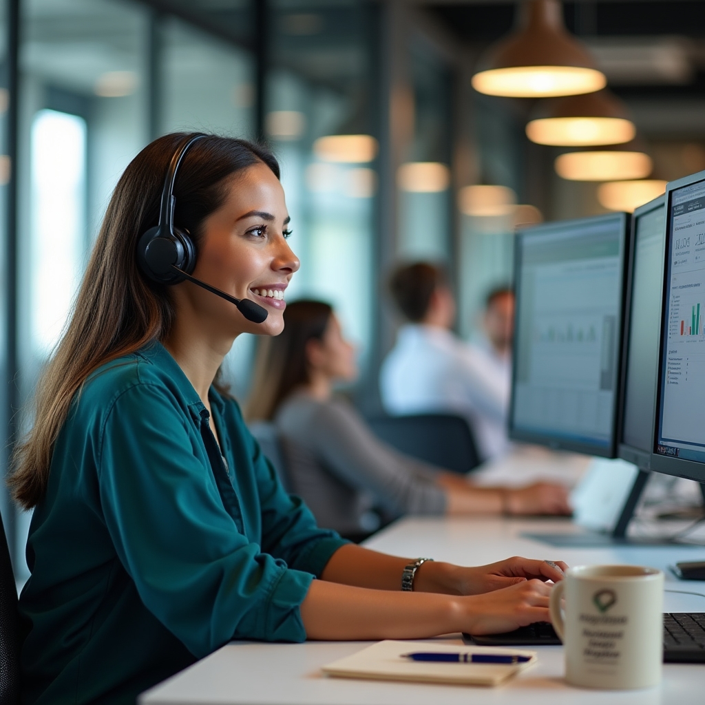US-based customer support professional at a well-lit workstation, headset on, focused expression, modern open-plan office environment