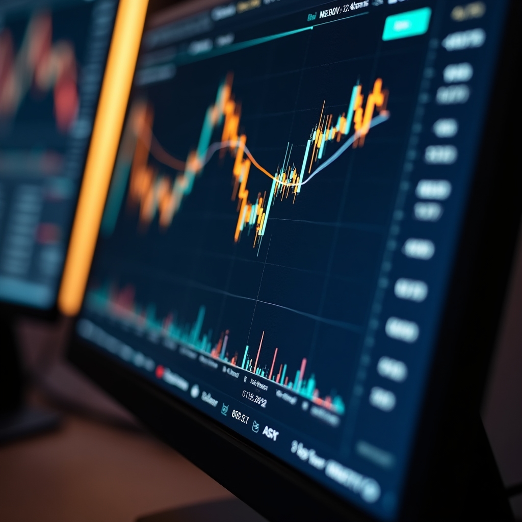 Close-up of a digital asset trading platform interface showing live cryptocurrency price charts and order book on a high-resolution monitor
