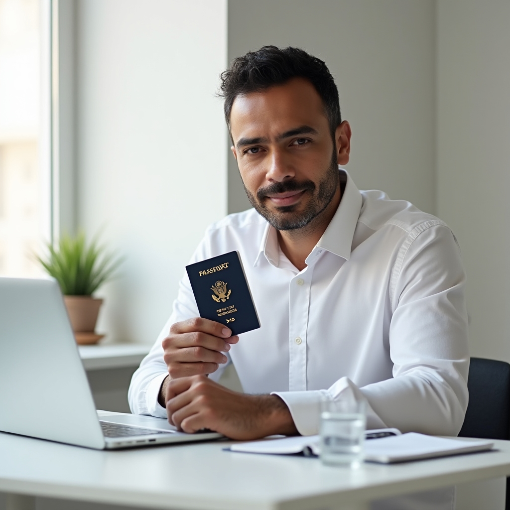 A person submitting identity verification documents on a laptop in a modern office, focused and confident