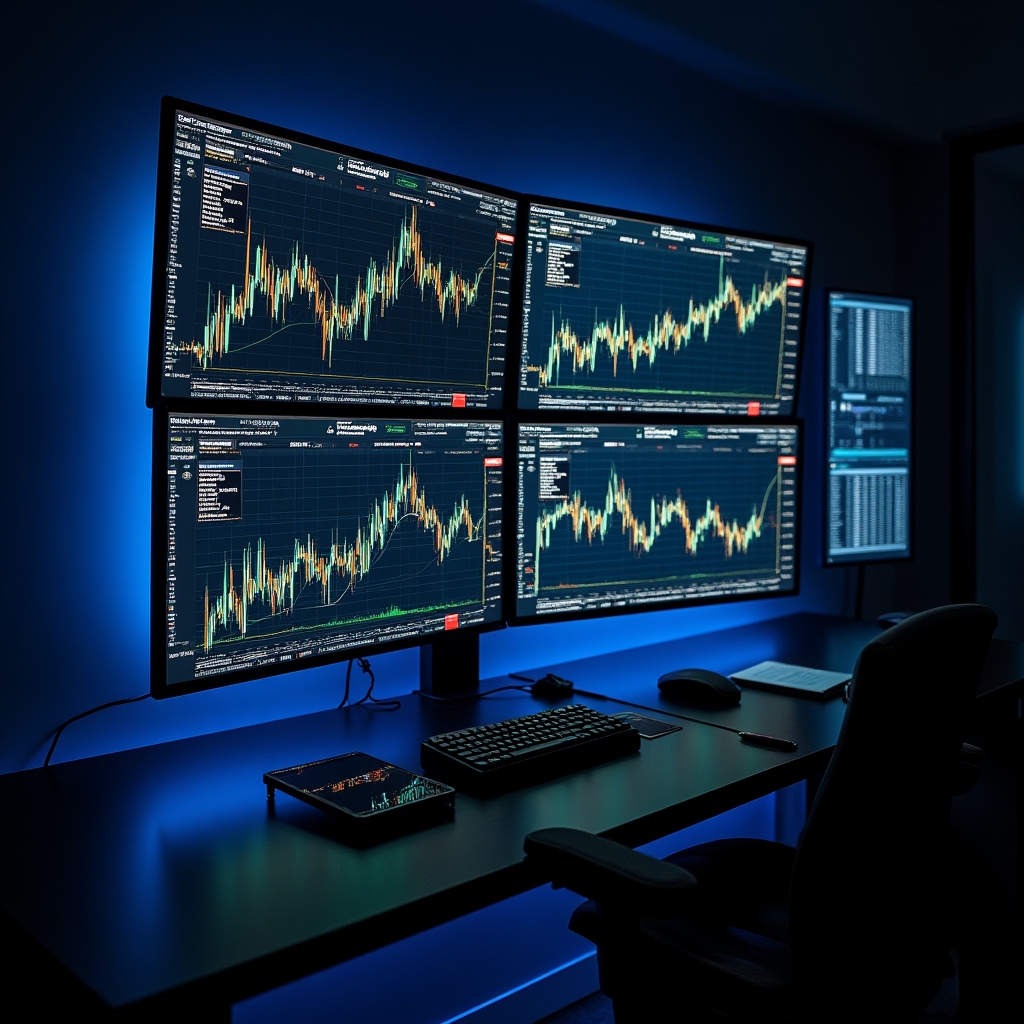 Wide shot of multiple trading monitors displaying live cryptocurrency price charts with candle stick patterns in a professional trading environment